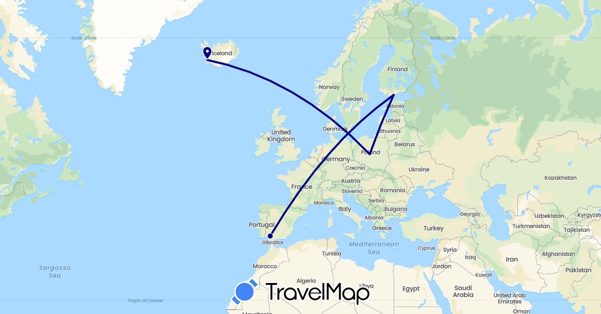 TravelMap itinerary: driving in Spain, Finland, Iceland, Taiwan (Asia, Europe)